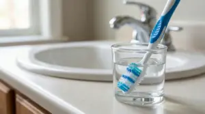 Spazzolino immerso in un bicchiere d'acqua su un lavandino del bagno