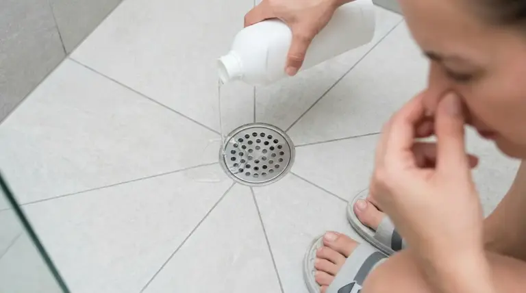 Persona che versa un liquido nello scarico della doccia mentre si tappa il naso