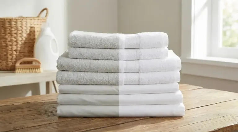 Asciugamani e lenzuola bianchi piegati, alcuni ingrigiti e altri perfettamente bianchi, su un tavolo di legno.