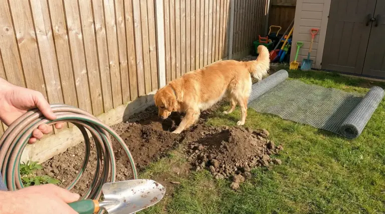 Cane che scava una buca in giardino accanto a una recinzione di legno