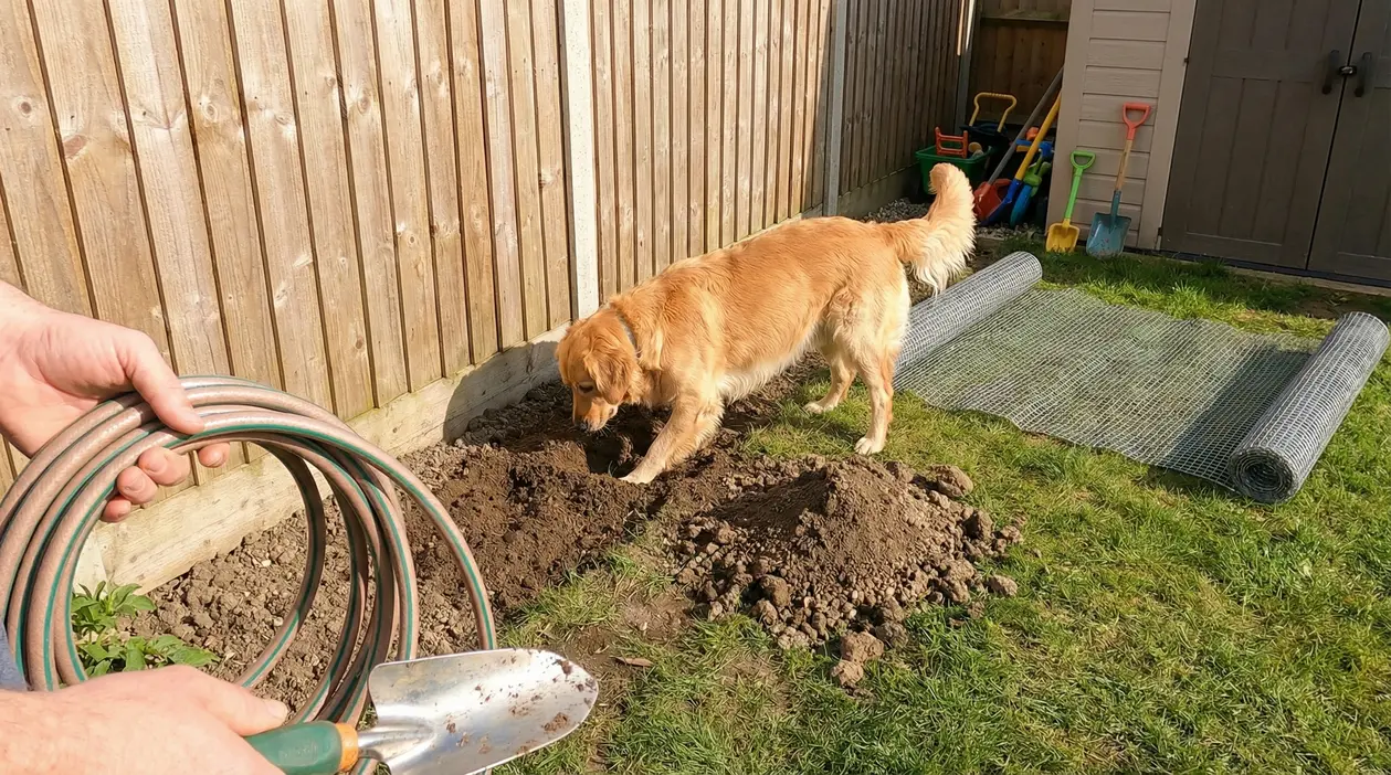 Cane che scava una buca in giardino accanto a una recinzione di legno