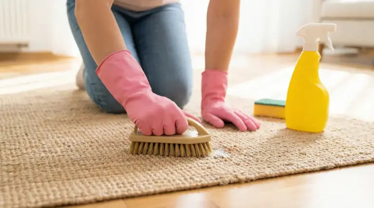Persona con guanti rosa pulisce un tappeto con una spazzola e prodotti per la pulizia