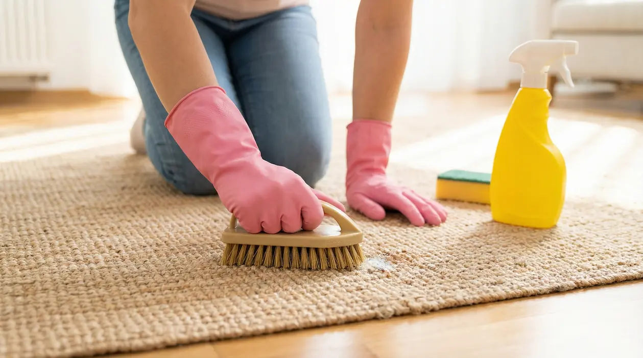 Persona con guanti rosa pulisce un tappeto con una spazzola e prodotti per la pulizia