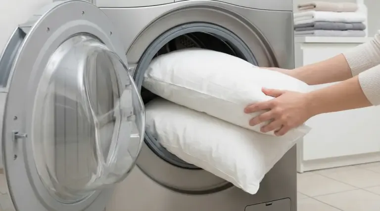 Una persona inserisce due cuscini bianchi in una lavatrice a carica frontale