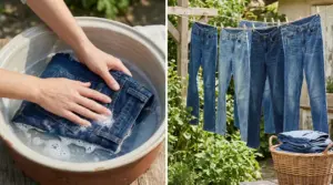 Mani che lavano jeans a mano e jeans stesi ad asciugare all'aria aperta
