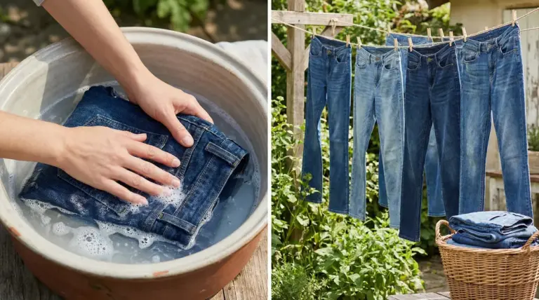 Mani che lavano jeans a mano e jeans stesi ad asciugare all'aria aperta