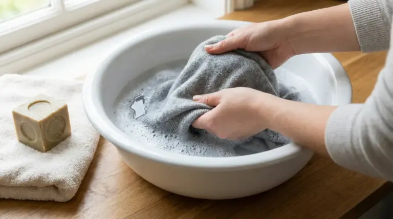 Mani che lavano a mano un maglione di cashmere grigio in una bacinella con acqua saponata