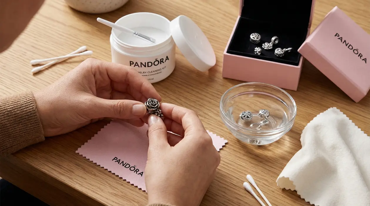 Mani che puliscono un ciondolo Pandora con un kit per la pulizia dei gioielli