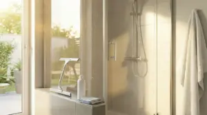Box doccia moderno con vetri puliti, luce naturale e accessori da bagno