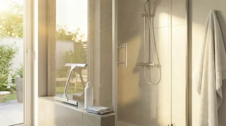 Box doccia moderno con vetri puliti, luce naturale e accessori da bagno