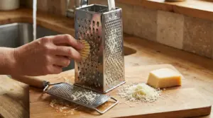 Una mano pulisce una grattugia per formaggio con una spazzola su un tagliere di legno