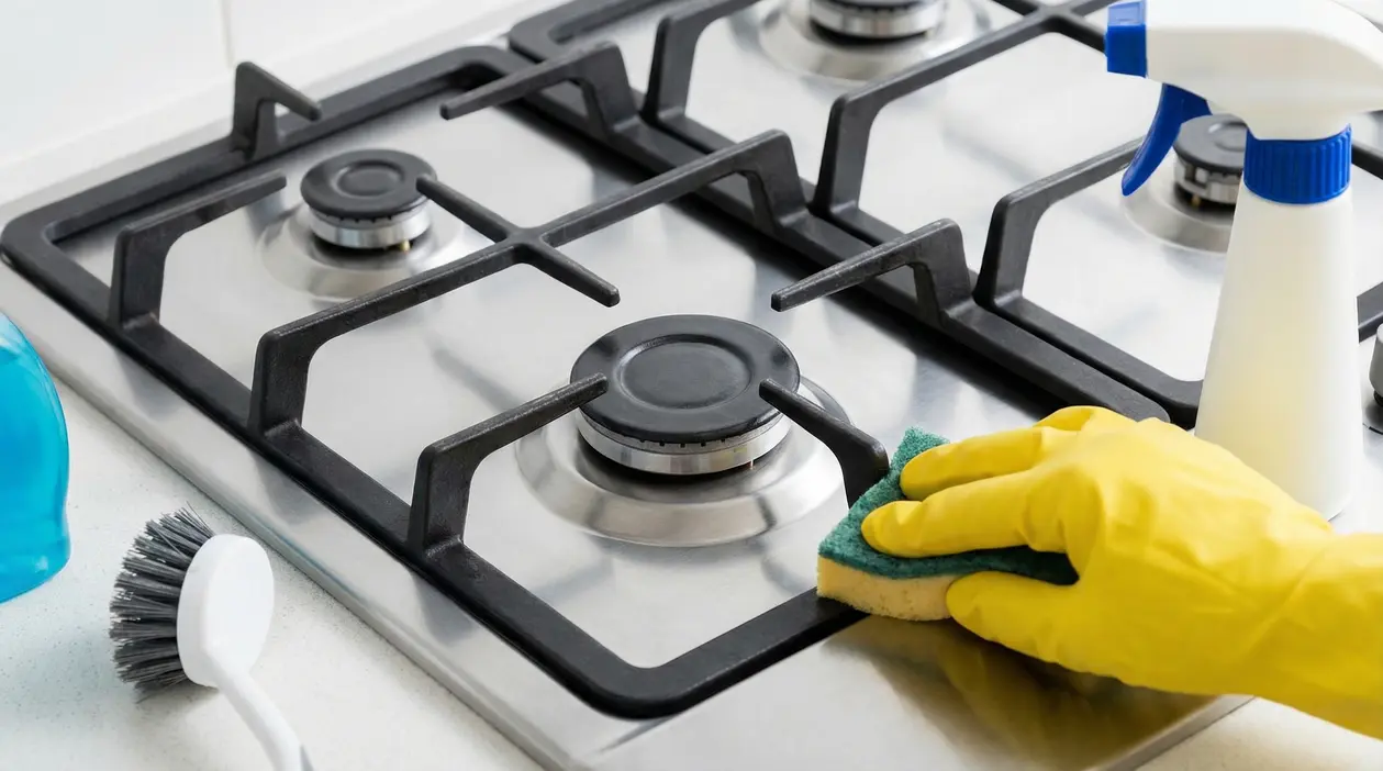Pulizia di un fornello a gas con guanto di gomma e spugna su piano cottura in acciaio