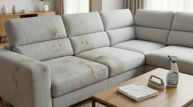 Divano chiaro con numerose macchie scure su sedute e schienale, accanto a prodotti per la pulizia.