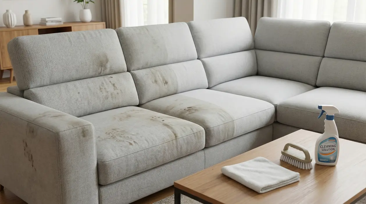 Divano chiaro con numerose macchie scure su sedute e schienale, accanto a prodotti per la pulizia.