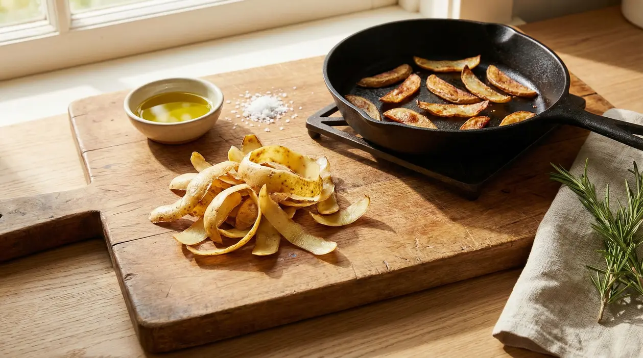 Bucce di patate su un tagliere accanto a una padella con patate arrostite