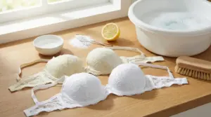 Tre reggiseni in pizzo su un tavolo, due ingialliti e uno bianco, con strumenti per il lavaggio naturale.