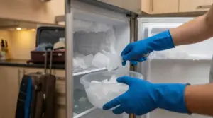 Persona con guanti blu rimuove il ghiaccio dal congelatore con una spatola