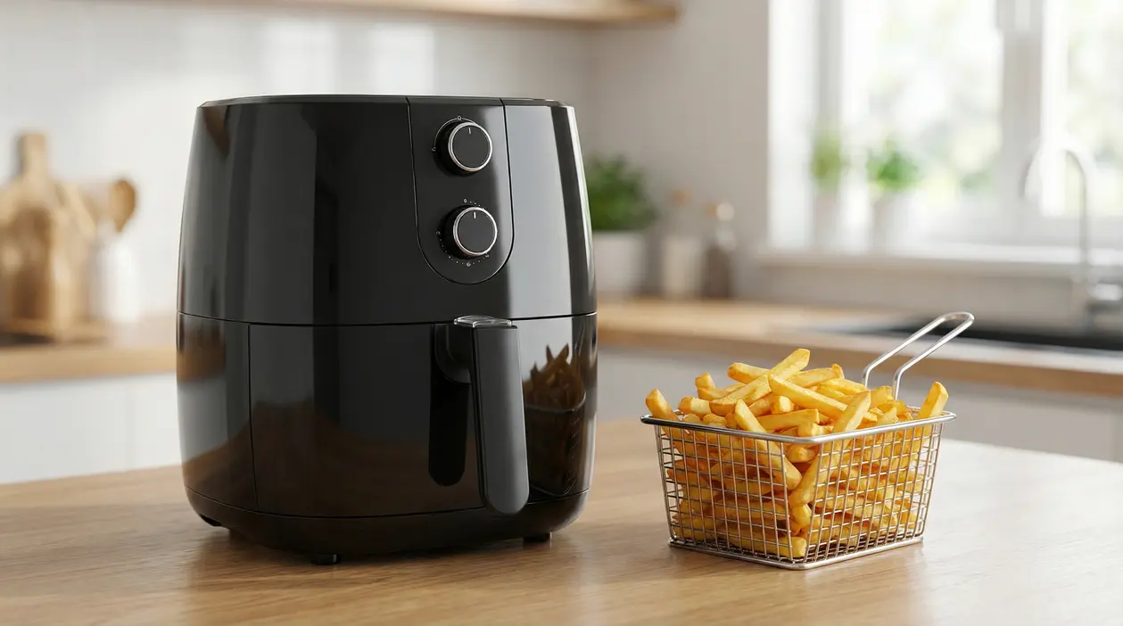 Friggitrice ad aria nera su un piano cucina accanto a un cestello con patatine fritte