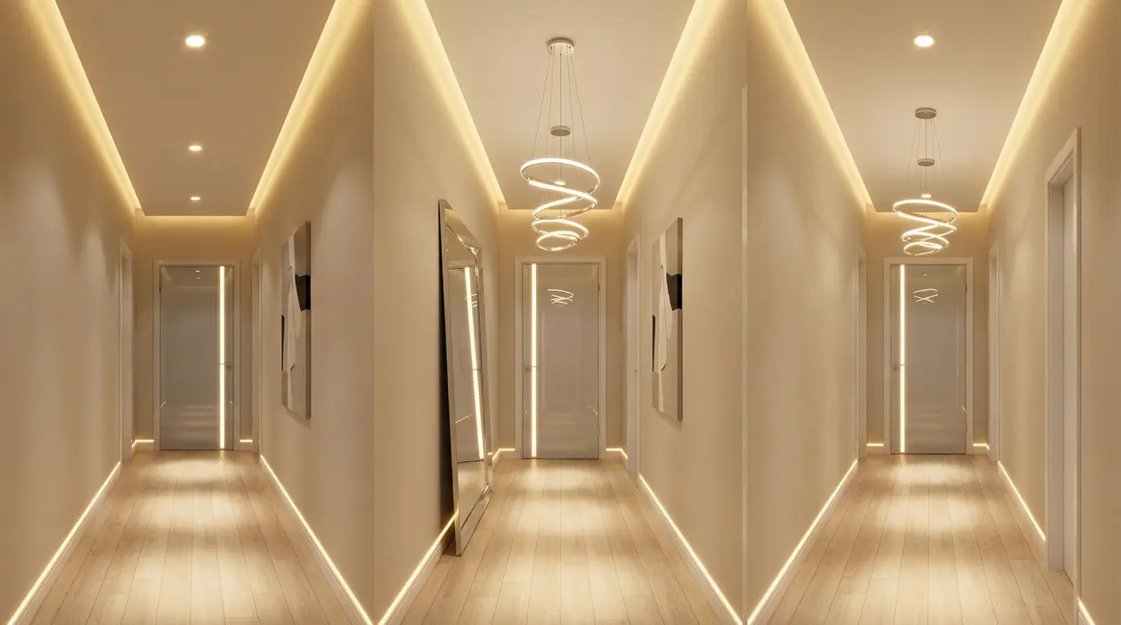 Corridoio moderno con illuminazione a LED soffusa e lampadari di design