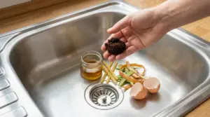 Scarti alimentari e fondi di caffè sopra un lavello da cucina in acciaio.