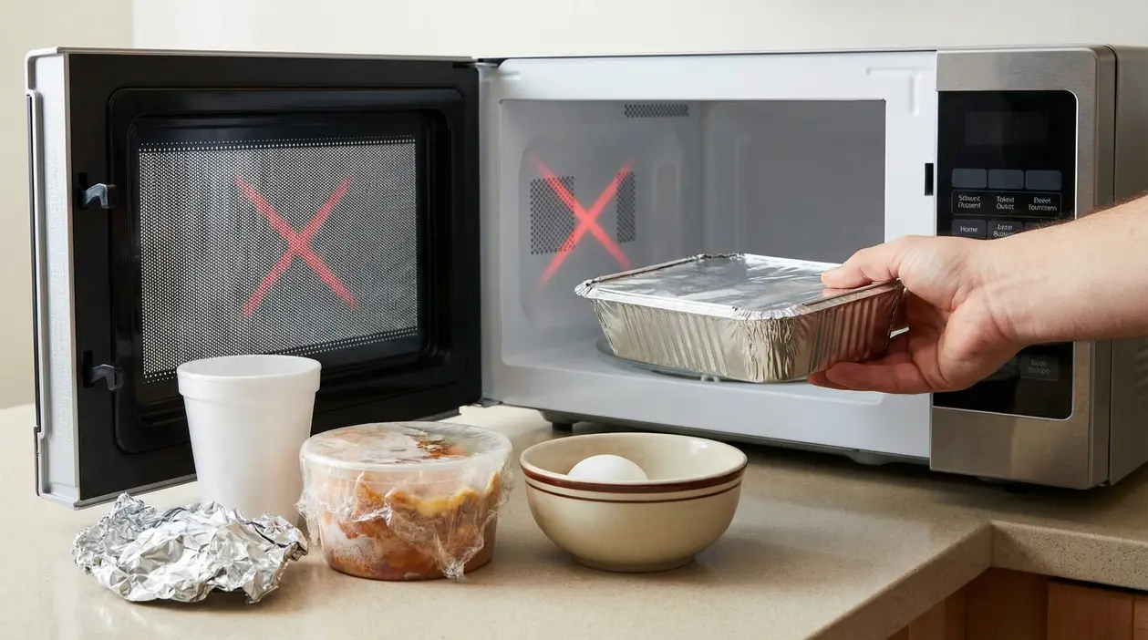 Una mano inserisce un contenitore in alluminio nel microonde accanto ad altri oggetti non adatti