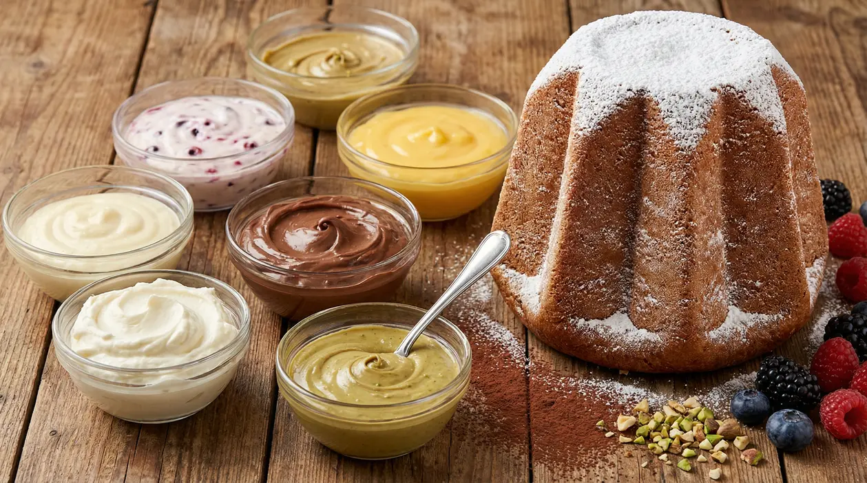 Pandoro con ciotole di creme di diversi gusti su un tavolo in legno