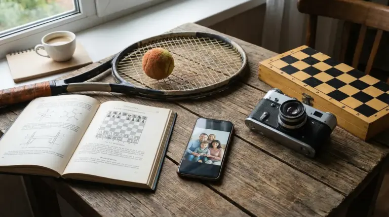 Tavolo con racchetta da tennis, pallina usurata, libro aperto, scacchiera, macchina fotografica e smartphone.