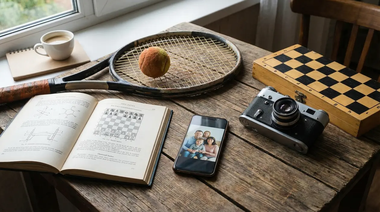 Tavolo con racchetta da tennis, pallina usurata, libro aperto, scacchiera, macchina fotografica e smartphone.