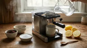 Macchinetta del caffè con ingredienti naturali per il decalcificante su un piano in legno