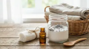 Barattolo di vetro con bicarbonato e lavanda, olio essenziale e panno su tavolo di legno