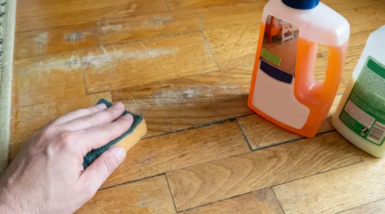Mano che pulisce un parquet rovinato accanto a due flaconi di detergente