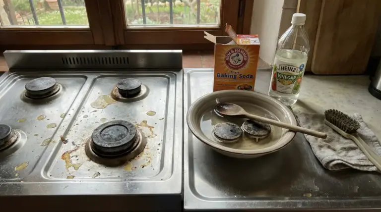 Piano cottura sporco e piattelli in ammollo vicino a bicarbonato e aceto.