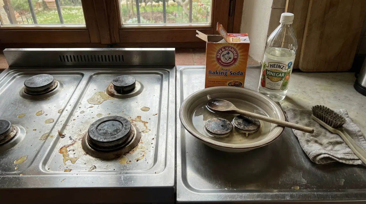 Piano cottura sporco e piattelli in ammollo vicino a bicarbonato e aceto.