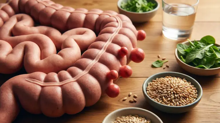 Modello del colon con diverticoli accanto a cibi ricchi di fibre su un tavolo