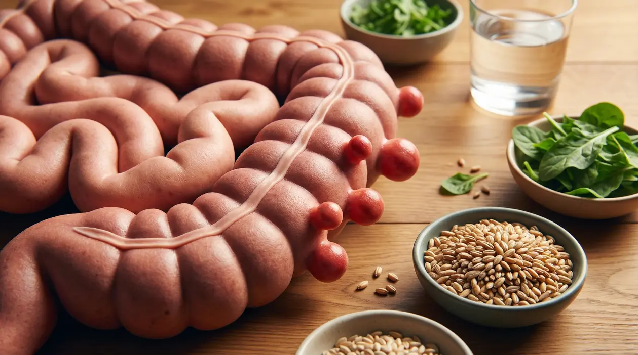 Modello del colon con diverticoli accanto a cibi ricchi di fibre su un tavolo