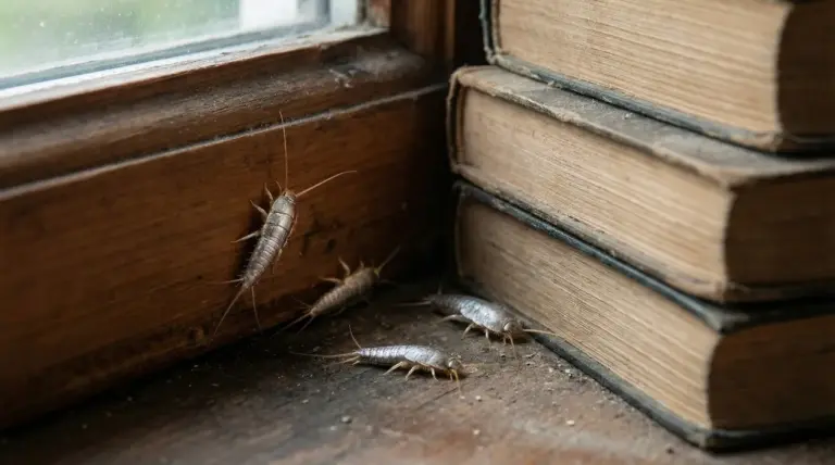 Pesciolini d'argento vicino a vecchi libri e a una finestra in legno