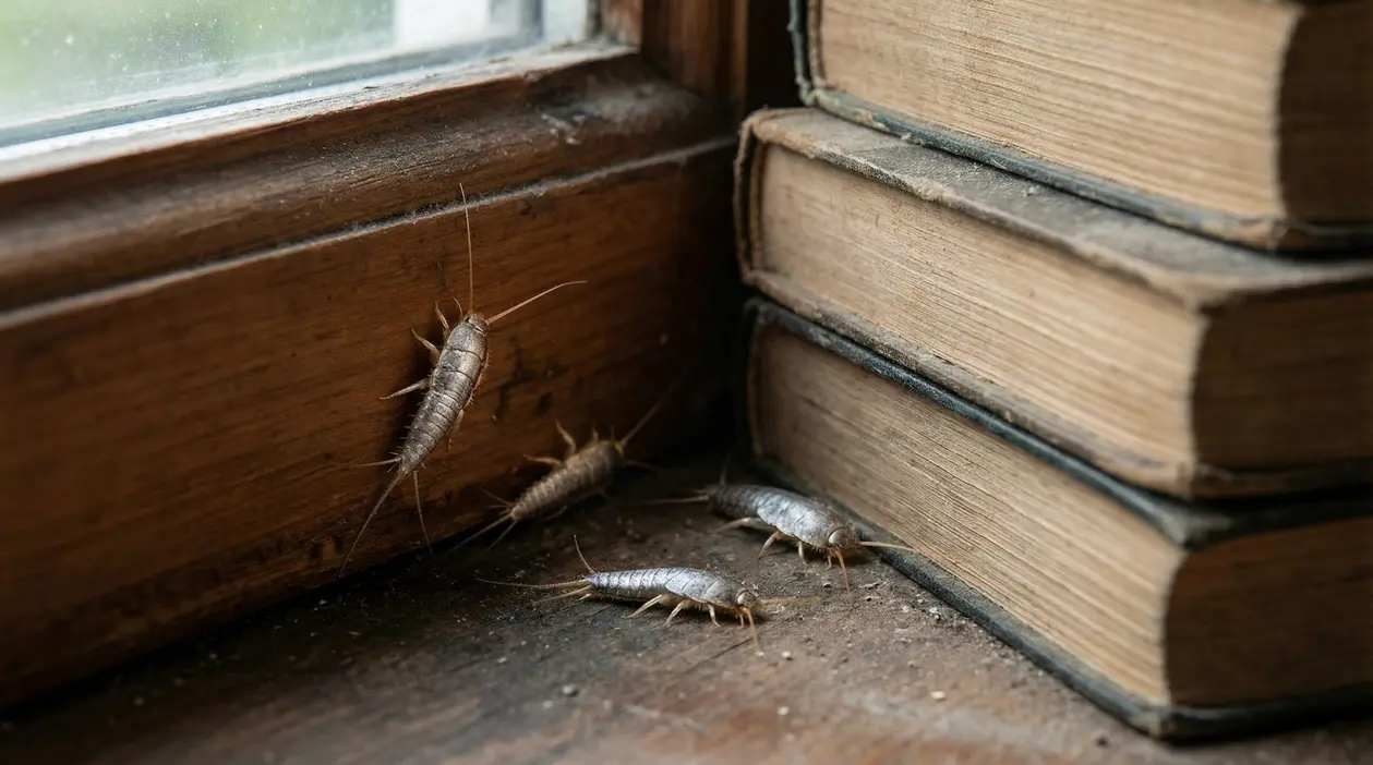 Pesciolini d'argento vicino a vecchi libri e a una finestra in legno