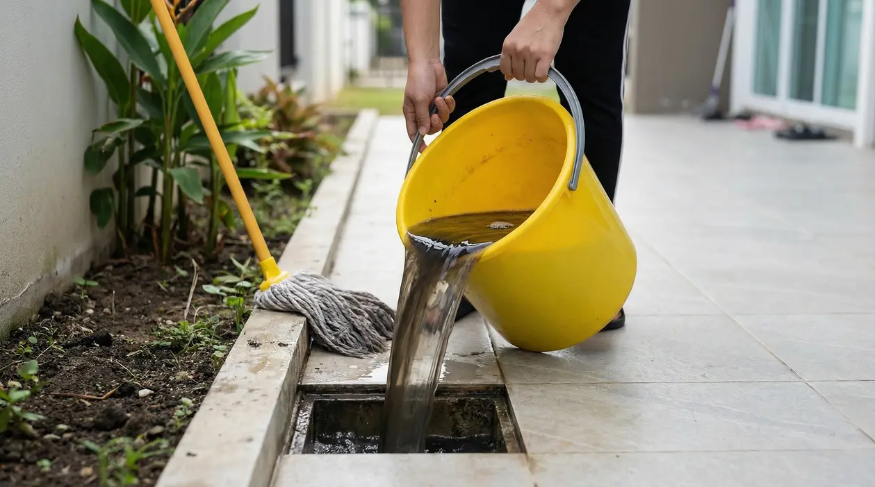 Una persona versa acqua sporca del mocio in uno scarico esterno con un secchio giallo