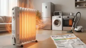 Stufetta elettrica accesa in un salotto moderno con vari elettrodomestici e bolletta energetica sul tavolo