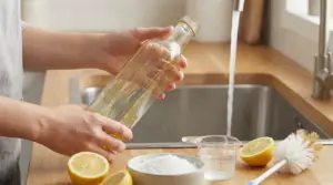 Persona che pulisce una bottiglia unta con limone, sale e aceto vicino a un lavandino