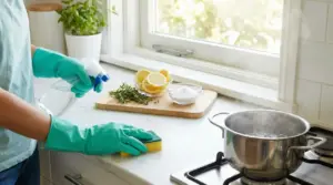 Una persona pulisce il piano cucina con guanti, spray e spugna vicino a pentola sul fornello