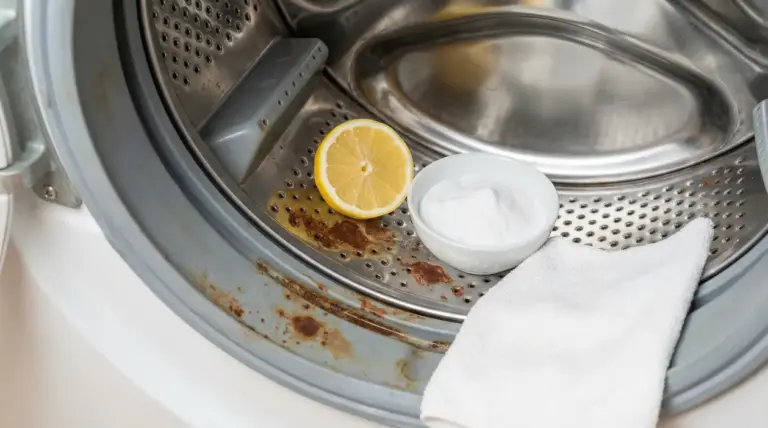Ruggine all'interno di una lavatrice con limone, bicarbonato e panno bianco