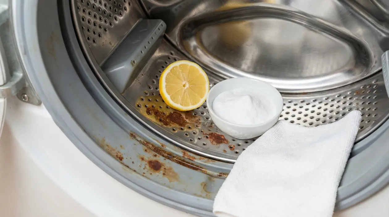 Ruggine all'interno di una lavatrice con limone, bicarbonato e panno bianco