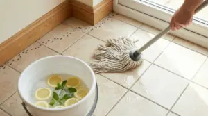 Una persona lava il pavimento vicino a delle formiche con acqua e limone in un secchio.