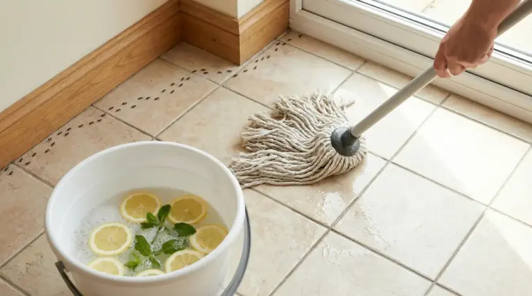Una persona lava il pavimento vicino a delle formiche con acqua e limone in un secchio.