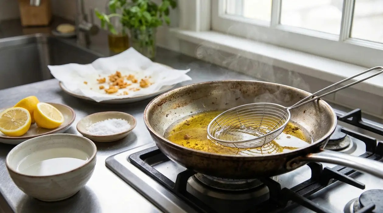 Padella usata per friggere su fornello con utensili e ingredienti in una cucina luminosa