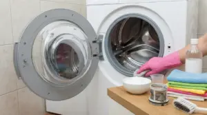 Mano con guanto rosa pulisce la guarnizione di una lavatrice con prodotti per la pulizia