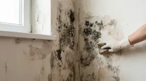 Persona rimuove muffa da una parete danneggiata dall'umidità vicino a una finestra