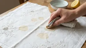 Mano che pulisce una tovaglia ricamata con macchie marroni usando un panno