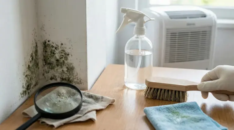 Muffa su una parete, con strumenti di pulizia come spruzzatore, spazzola e lente d'ingrandimento su un tavolo